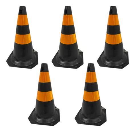 Kit 5 Cone Borracha Flexível De Sinalização Refletivo 50cm Cor Preto