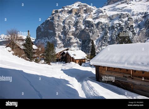 Swiss Alps Landscape Gimmelwald Is A Small Mountain Village In The