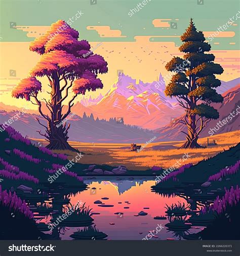 Voxel Style Pixel Art Landscapes Forest Stock Illustration