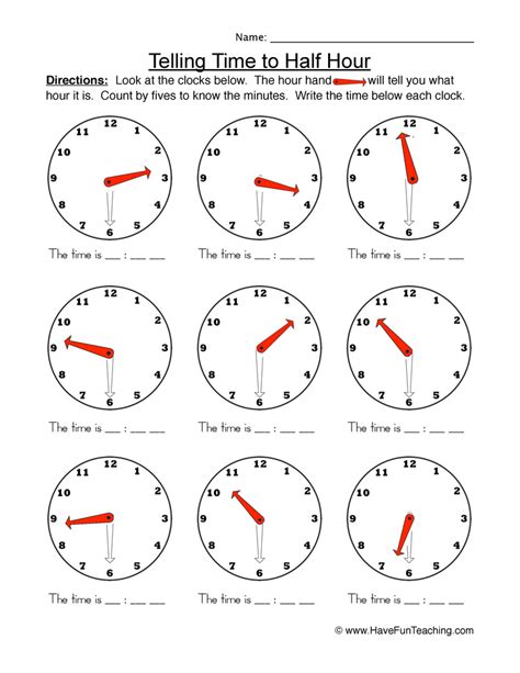 Time To The Half Hour Worksheet Have Fun Teaching