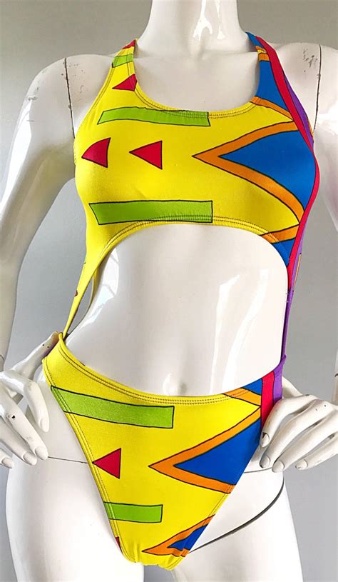 1990s Sexy Cut Out Bright Colored Vintage One Piece Abstract Swimsuit