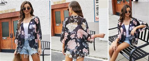 Chunoy Women Floral Print Lightweight Chiffon Kimono Cardigan Short