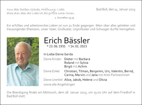 Traueranzeigen von Erich Bässler Südwest Presse Trauer