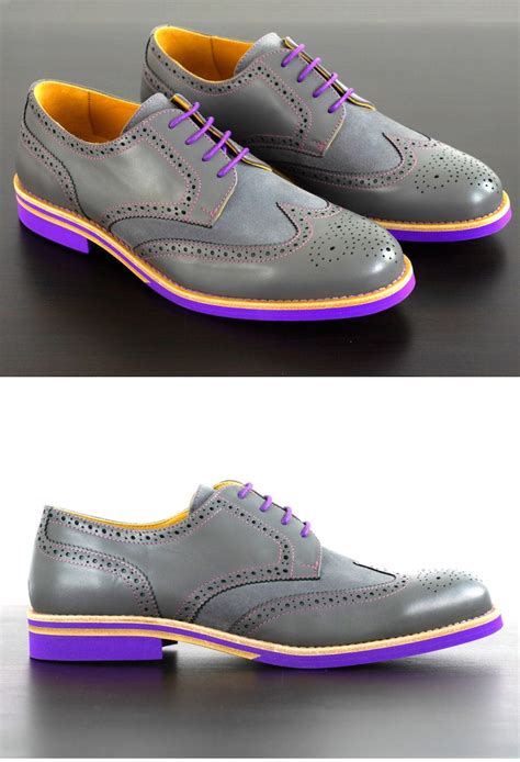 Mens Grey And Purple Leather Wingtip Dress Shoes Soxy Socks