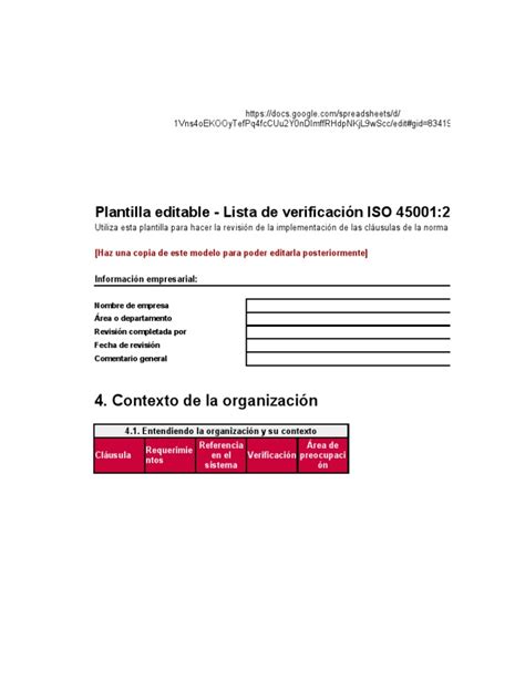 Plantilla Editable Lista De Verificación Iso 45001 2018 Pdf