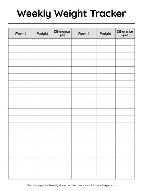 Free Printable Black And White Minimalist Weekly Weight Loss Tracker · Inkpx