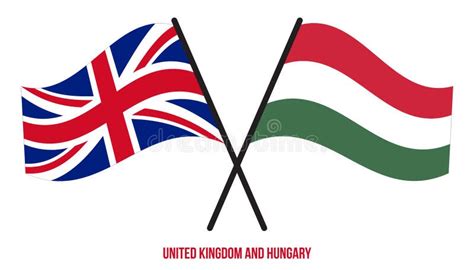 United Kingdom And Hungary Flags Crossed And Waving Flat Style