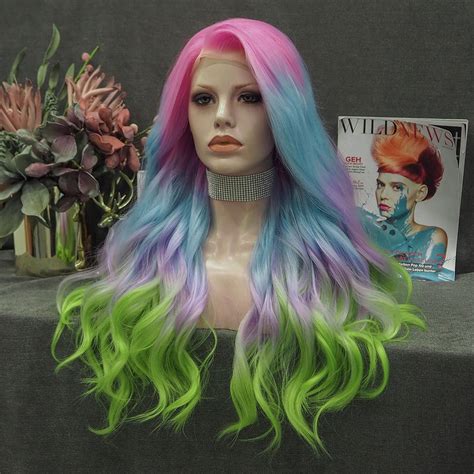 Colorful Ombre Wig Long Wavy Synthetic Lace Front Wig Cosplay Imstyle