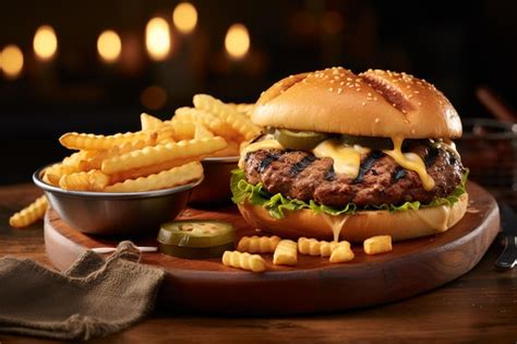 premium photo grilled cheeseburger  fries  classic meal generated