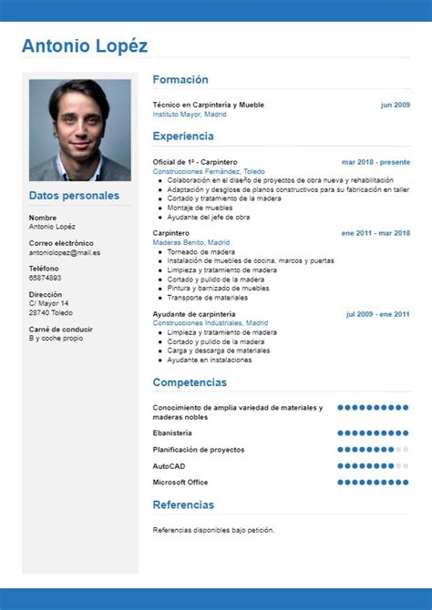 A Blue And White Resume With A Man S Face In The Center On It