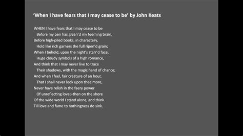 When I Have Fears That I May Cease To Be By John Keats YouTube