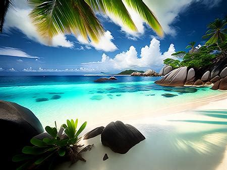 A Tropical Beach With Palm Trees And Clear Blue Water Image Design Id