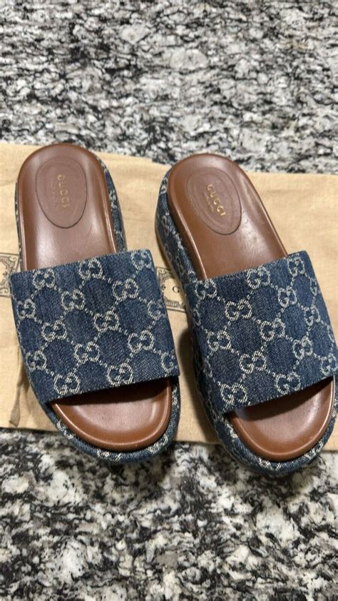 Denim GG Monogram Angelina Platform 55mm Slide Sandals 38 Blue Tea EBay