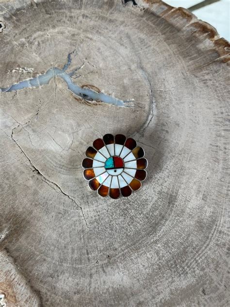 Vintage Zuni Sun Face Inlaid With Turquoise Coral Mo Gem