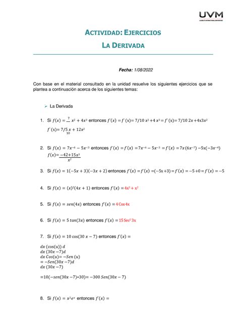 U Ejercicios Docx Actividad Actividad Ejercicios La Derivada