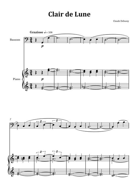 Clair De Lune By Debussy Bassoon And Piano Arr Glauco Fernandes Sheet Music Claude