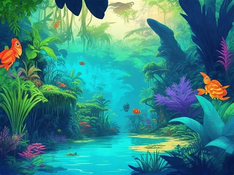 Premium AI Image | Aquascape Jungle Style Cartoon Illustration