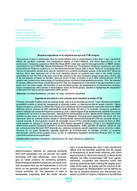 Pdf Microbial Degradation Of An Industrial Azo Dye And Ft Ir Analysis