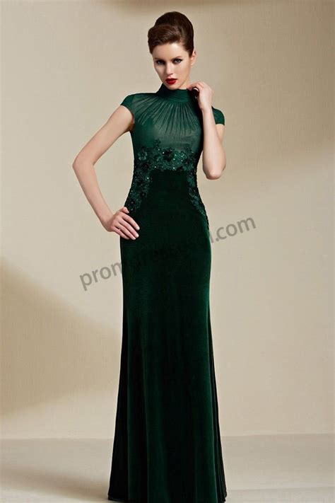 Green High Collar Appliques Velvet Train Mermaid Evening Dress So815