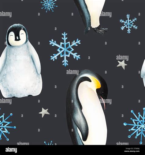 Watercolor Winter Seamless Pattern Illustration Of A King Penguins