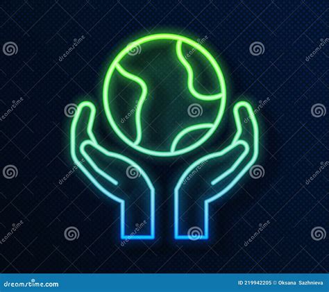 Glowing Neon Line Human Hands Holding Earth Globe Icon Isolated On Blue