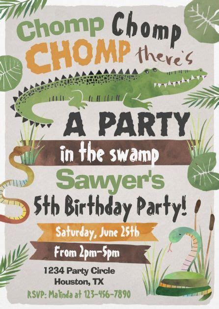 Swamp Birthday Party Invitations Featuring Tropical Alligator