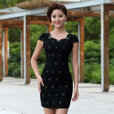 Pretty Scoop Neck Modern Lace Cheongsam Black Chinese Dress Costume