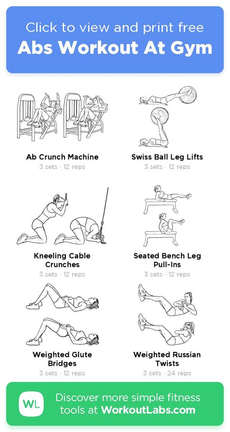 Abs Workout At Gym – click to view and print this illustrated exercise plan created with # ...