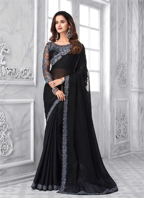 Buy Black Embroidered Faux Georgette Classic Designer Saree Online