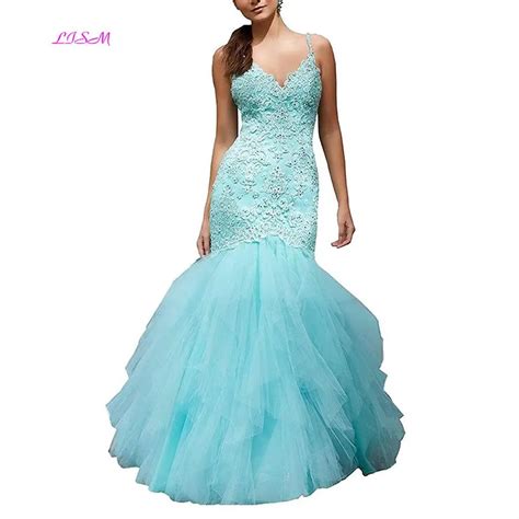 Mermaid Prom Dress 2019 Sexy Deep V Neck Spaghetti Straps Backless Evening Dresses Lace