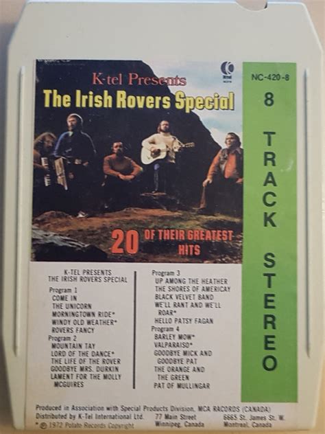 The Rovers K Tel Presents The Irish Rovers Special 20 Of Their Greatest Hits 1972 8 Track