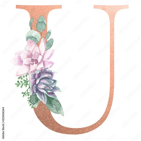 Watercolor Monogram Alphabet Letter U Rose Gold Foil Stock Illustration