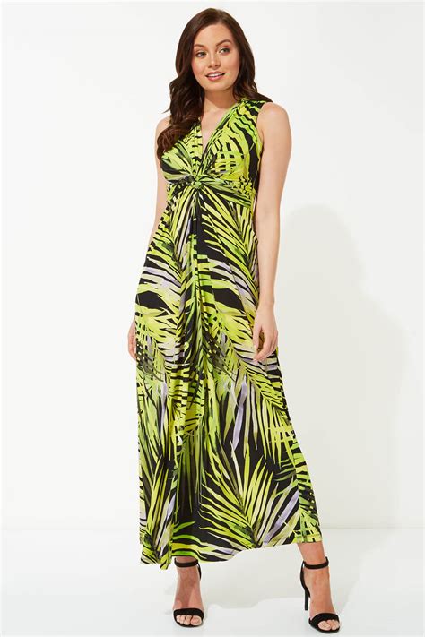 Palm Print Twist Front Maxi Dress In Lime Roman Originals Uk