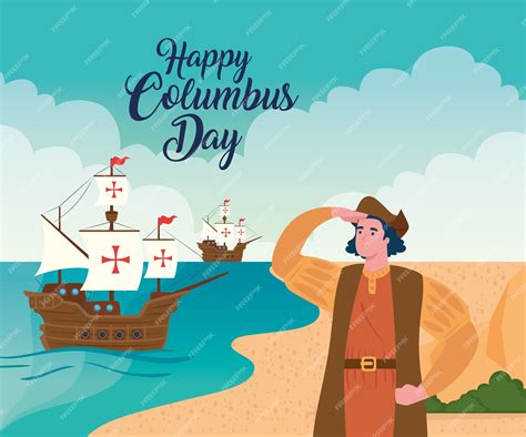 Dibujos animados de Cristóbal Colón y barcos en el diseño del mar feliz día de colón américa y ...