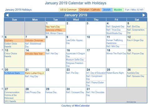 Print Friendly January 2019 Us Calendar For Printing