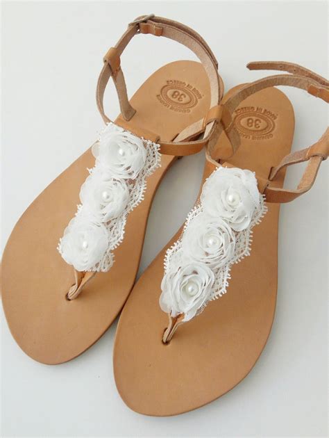 Wedding Leather Sandals With White Flowers Bridal Sandals White