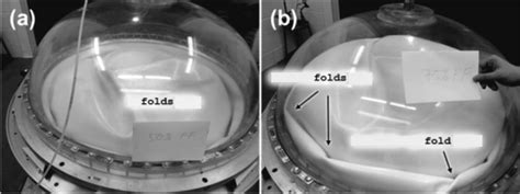 Diaphragm folding shape in a 40-inch tank, (a) 50% fill fraction, (b ...