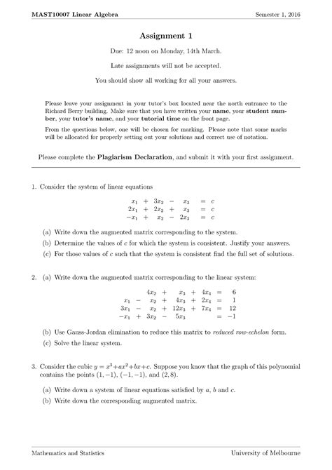 Mast Linear Algebra Semester Assignment Questions