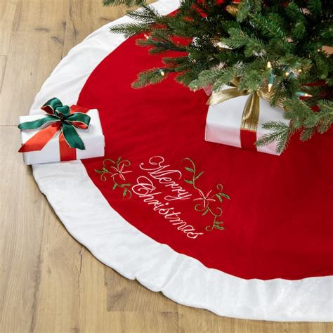 Northlight Merry Christmas Red Velveteen Tree Skirt 48 Inch Diameter Embroidered Poinsettia