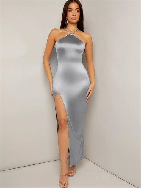 Split Thigh Crisscross Tie Backless Satin Bodycon Dress Shein Usa