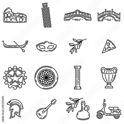 Set Of Various Italian Symbols Flat Outline Vector Icons Stock Vector