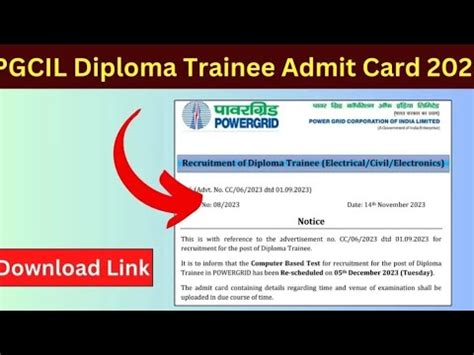 PGCIL Diploma Trainee Admit Card 2023 Application Status Exam Date