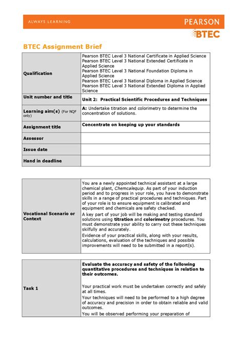 Btec Assignment Brief Ejercicios Química Docsity