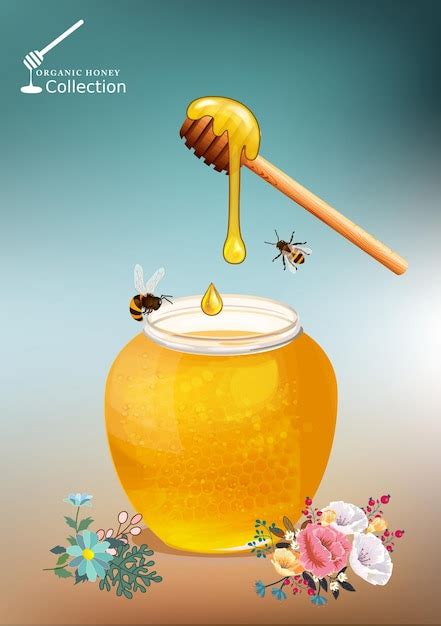 Une Goutte De Miel Dans Un Pot Et Des Abeilles Volantes Vecteur Premium