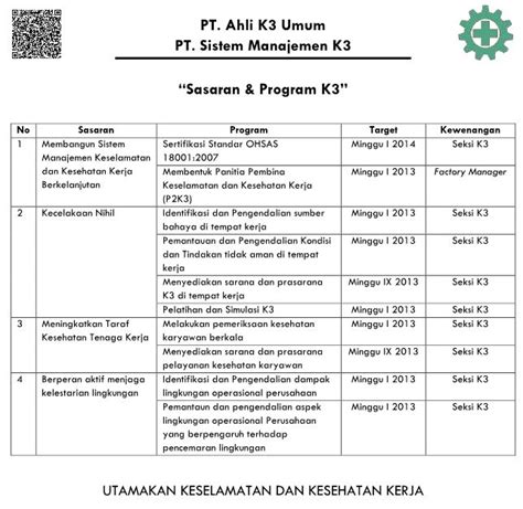 Contoh Sasaran Tujuan Target Dan Program K3 Keselamatan Dan Kesehatan Kerja Manajemen K3