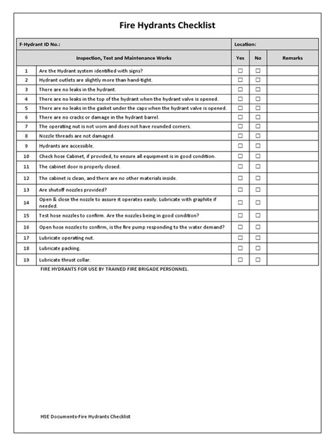 Fire Hydrants Checklist Pdf