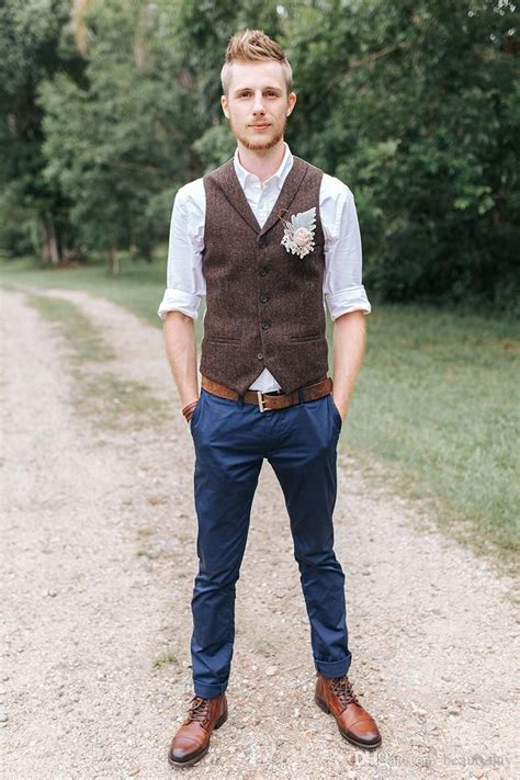 Farm Dark Brown Groom Vests Wool Herringbone Tweed Custom Made