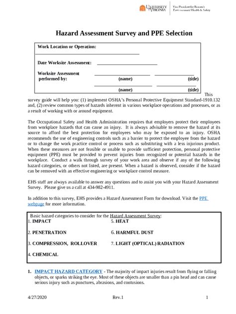 Hazard Assessment Survey And Ppe Selection Ehs Virginia Doc Template