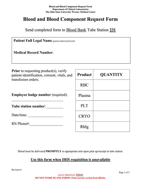 Osu Wexner Medical Center Blood And Blood Component Request Form 2019