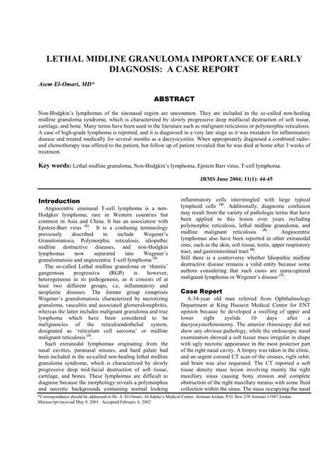 Lethal Midline Granuloma Importance Of Early Diagnosis A Case Report